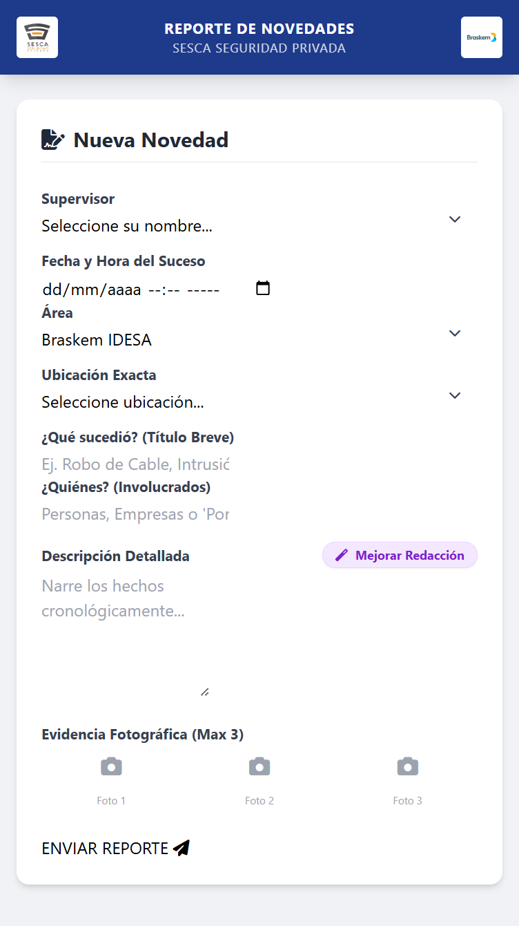 Interfaz de captura de reportes con IA