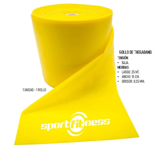 071338 BANDA AMARILLA SPORT FITNESS X 1 METRO Sport Fitness Individual x 1 metro Banda elástica de resistencia baja, ideal para ejercicios de fortalecimiento, rehabilitación y estiramientos. Su material de látex garantiza elasticidad y durabilidad, permitiendo un entrenamiento pro