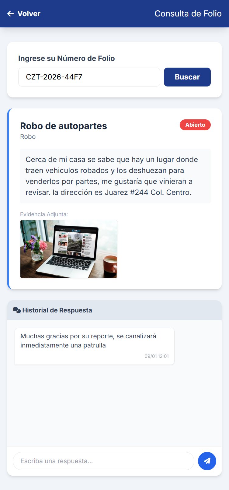 Interfaz de seguimiento de reportes