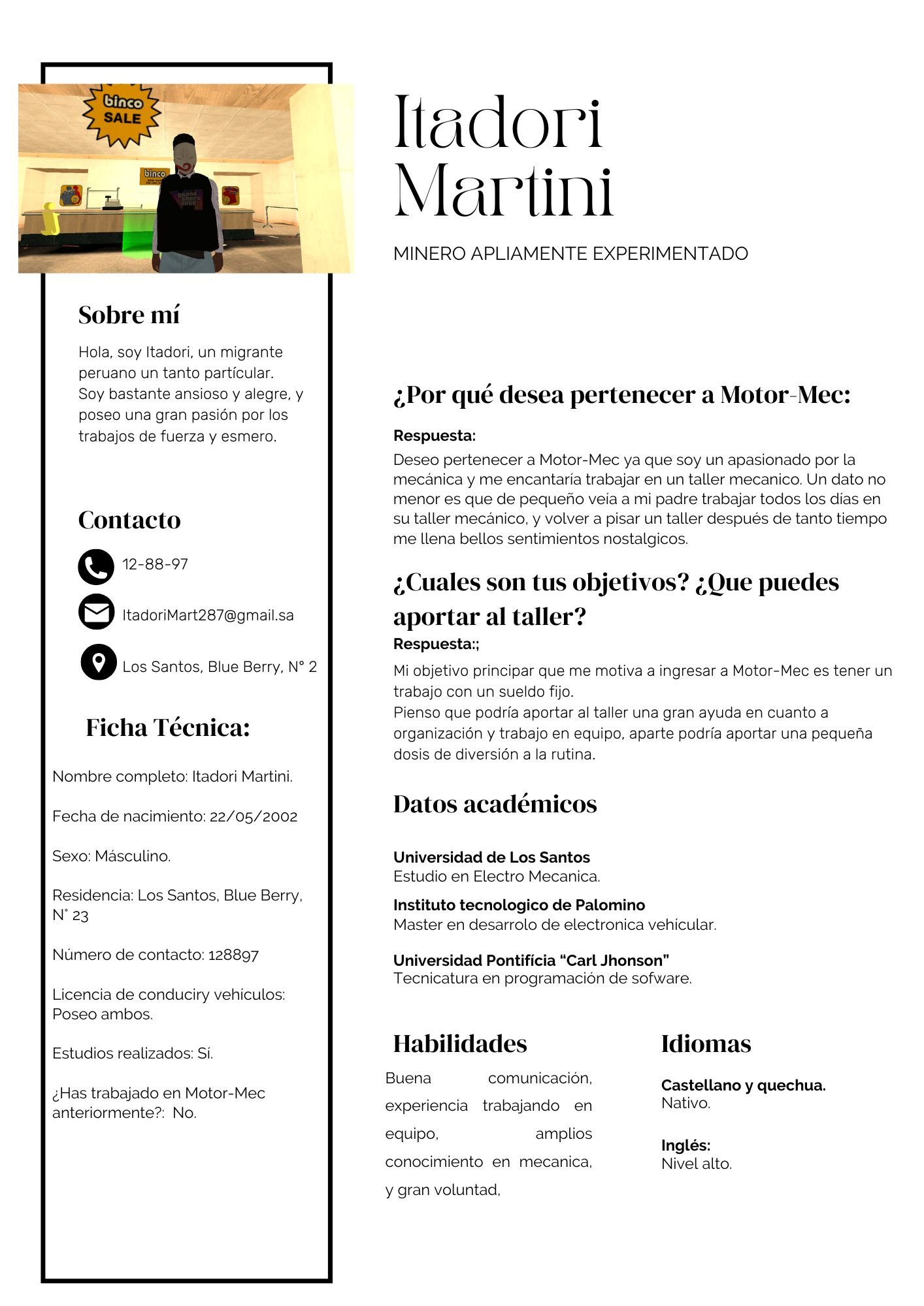 Curricúlum Vitae para Motor-Mec / Itadori Martini BXogRSK